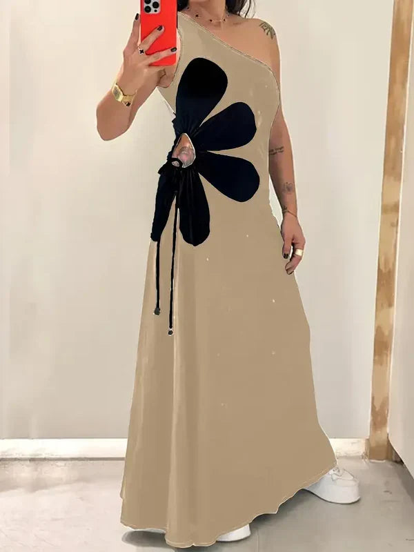 Dam Klänning - One-Shoulder Maxi - Blommigt Motiv - Ärm lös Elegant Design