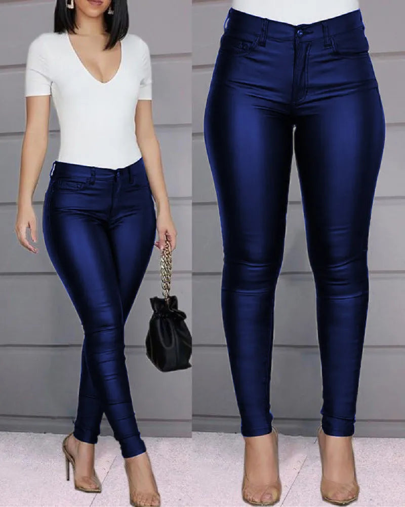 Dam Byxor – Slim Fit – Hög Midja – Skinnimitation – Ankellånga – Figursydd Design