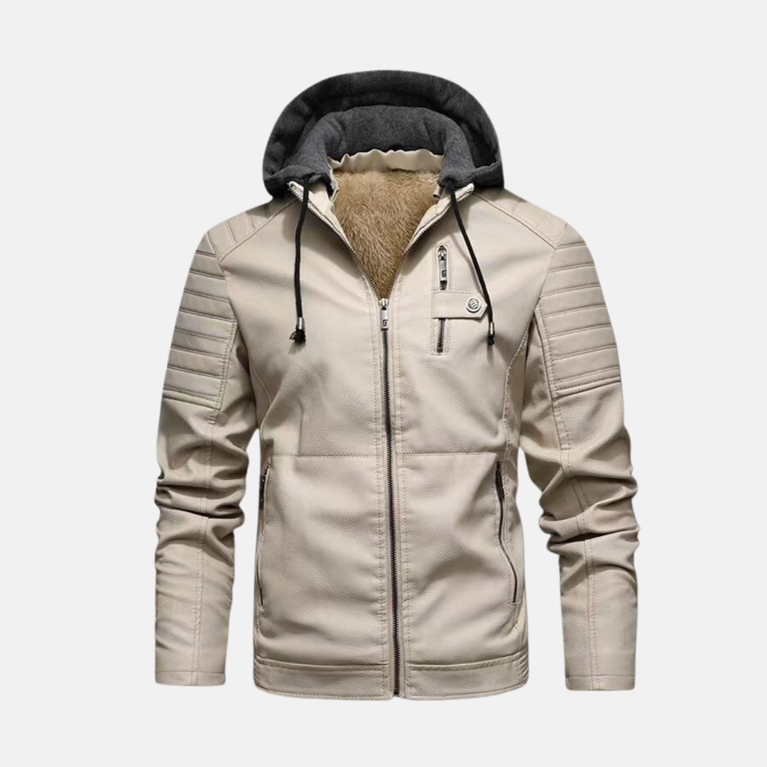Herrjacka i Konstläder – Slim Fit – Huva – Quiltade Axlar – Dragkedjeförslutning
