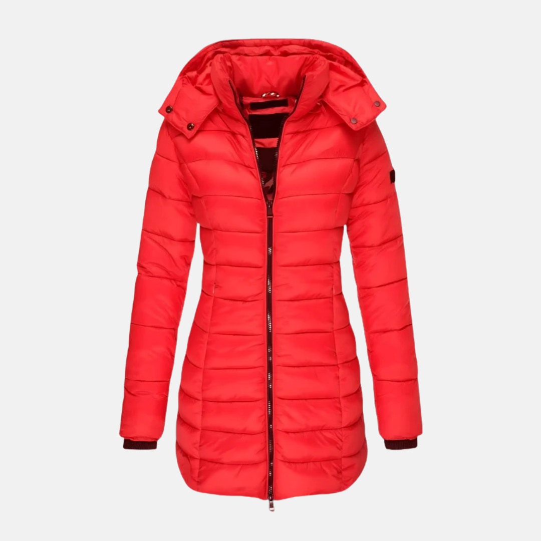 Dam Pufferjacka – Slim Fit – Quiltad – Mellanlång – Huva – Muddade Ärmslut