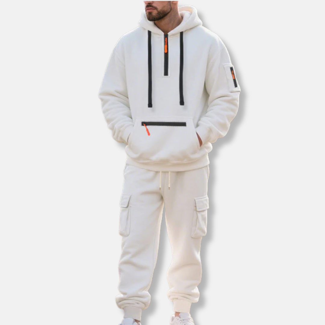 Herr Träningsset – Avslappnad Passform – Halvzip Hoodie – Cargojoggers med Dragsko