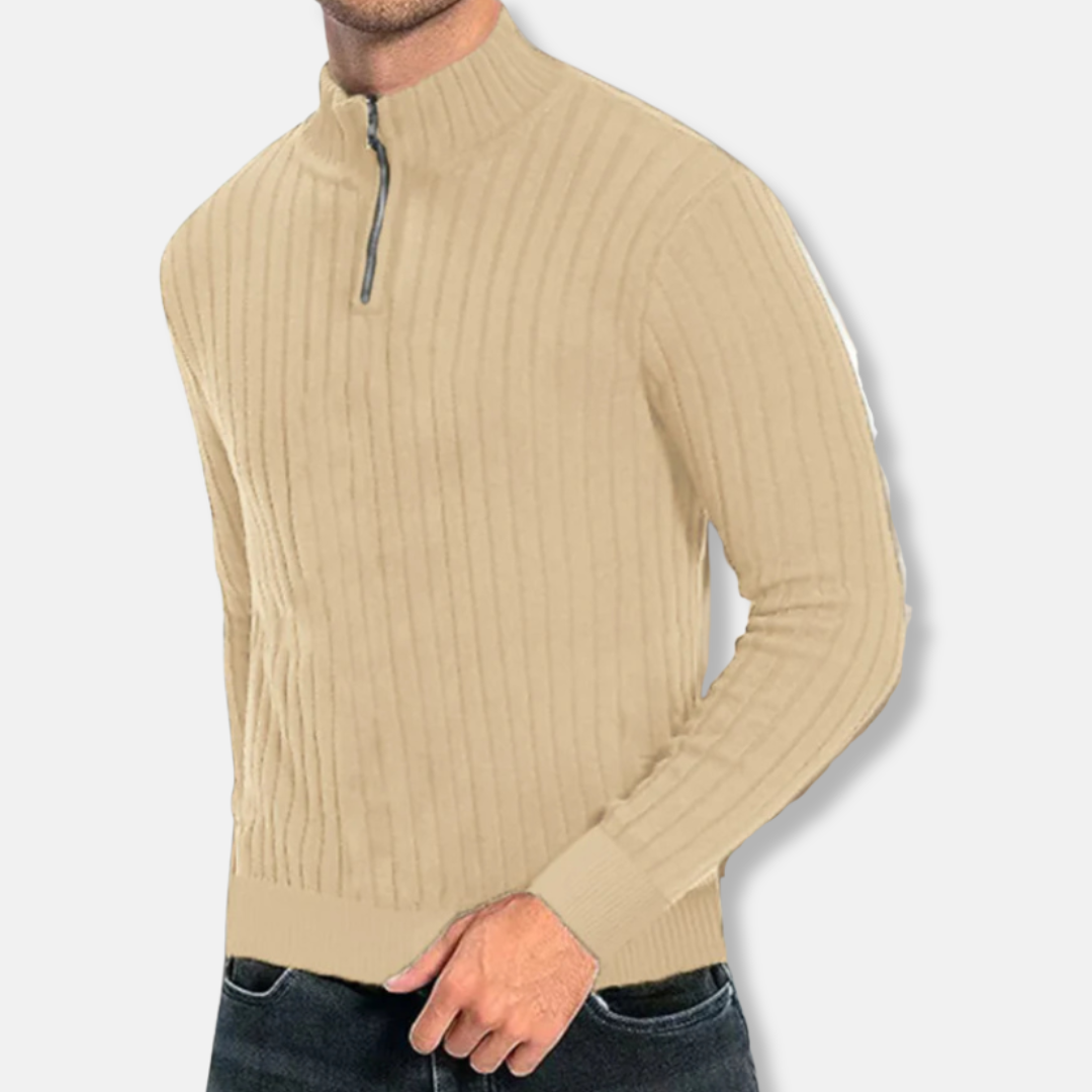 Herrtröja – Regular Fit – Ribbstickad Ullmix – Kvarts Dragkedja – Hög krage – Lång Ärm