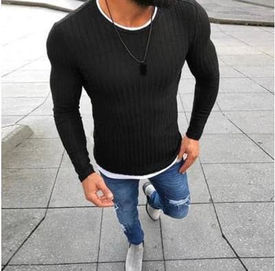 Herr Tröja - Slim Fit Ribbstickad - Långärmad Rund Hals - Modern och Bekväm
