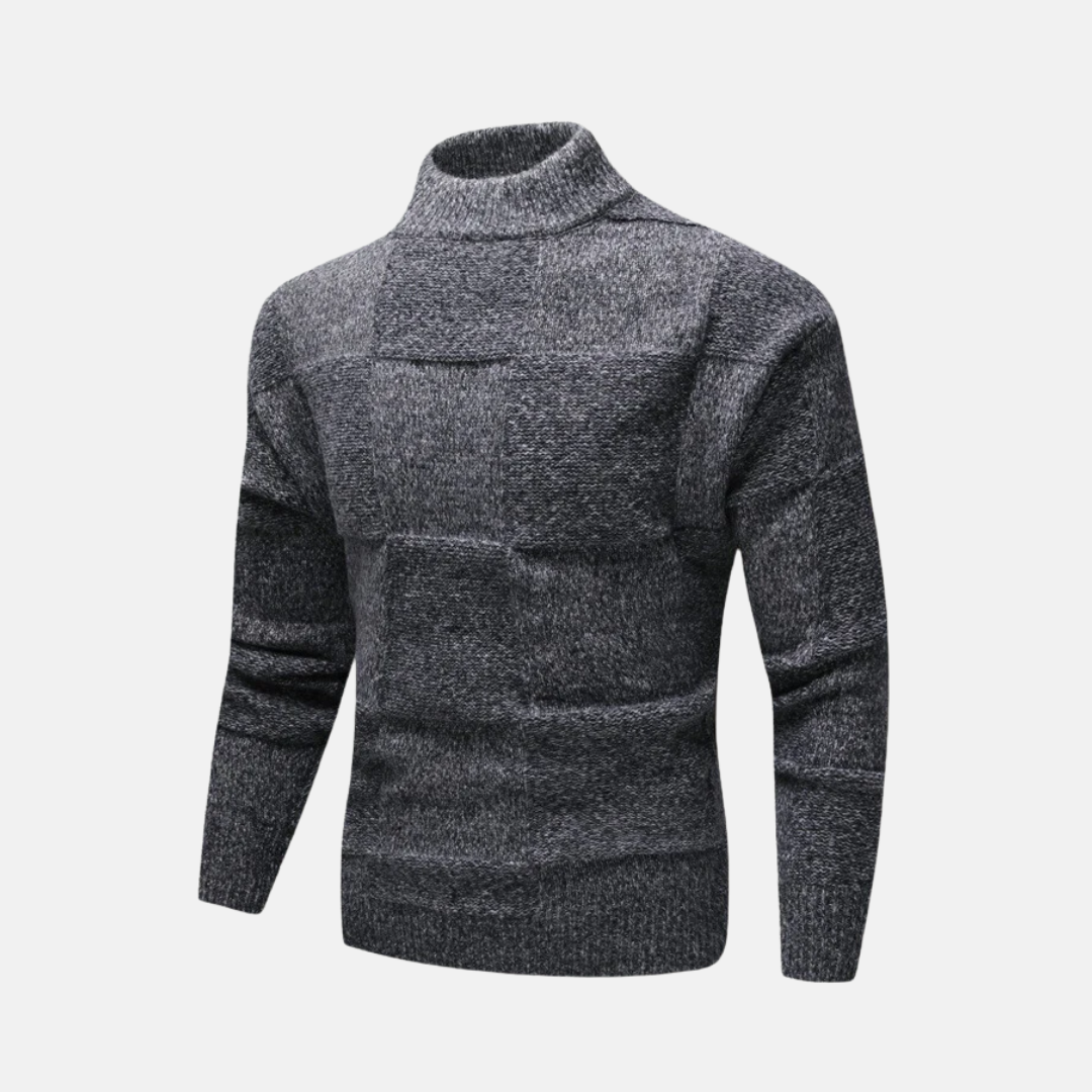 Herrtröja – Slim Fit – Ullblandning – Halvhög Krage – Rutmönstrad Struktur