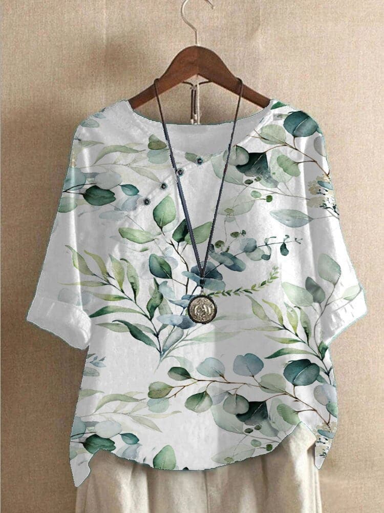 Damblus - Blommigt Mönster - Rund Hals - Halvlång Ärmar - Bekväm och Andas