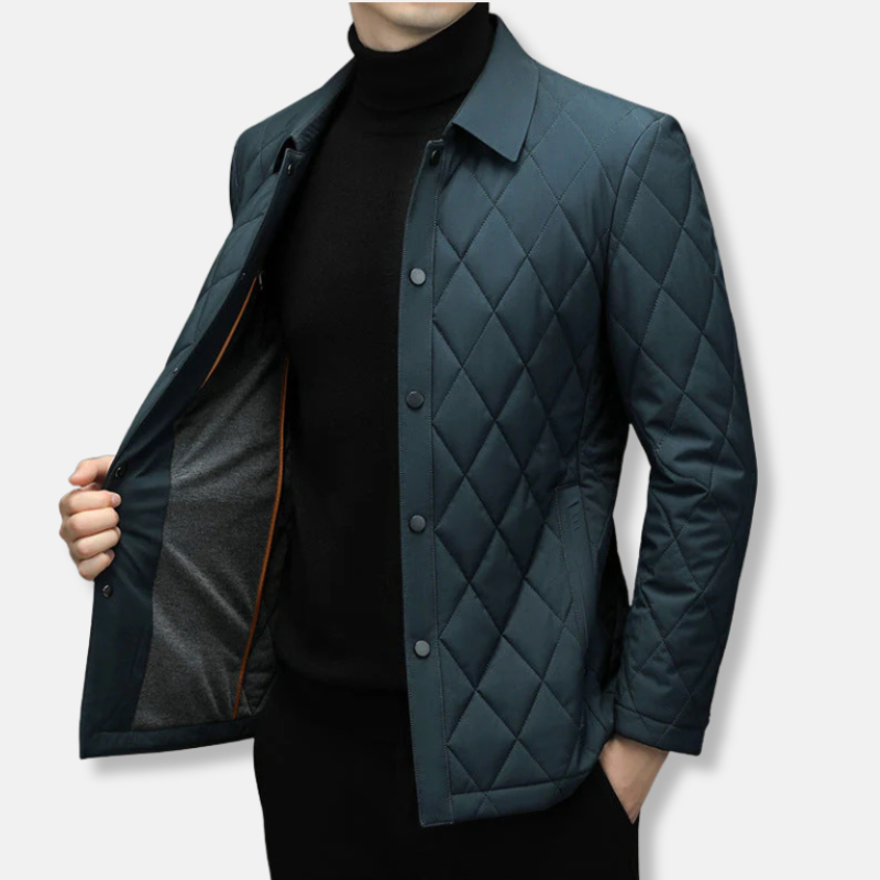 Herrjacka – Quiltad Diamantmönstrad – Normal Passform – Tryckknappar – Höftlängd