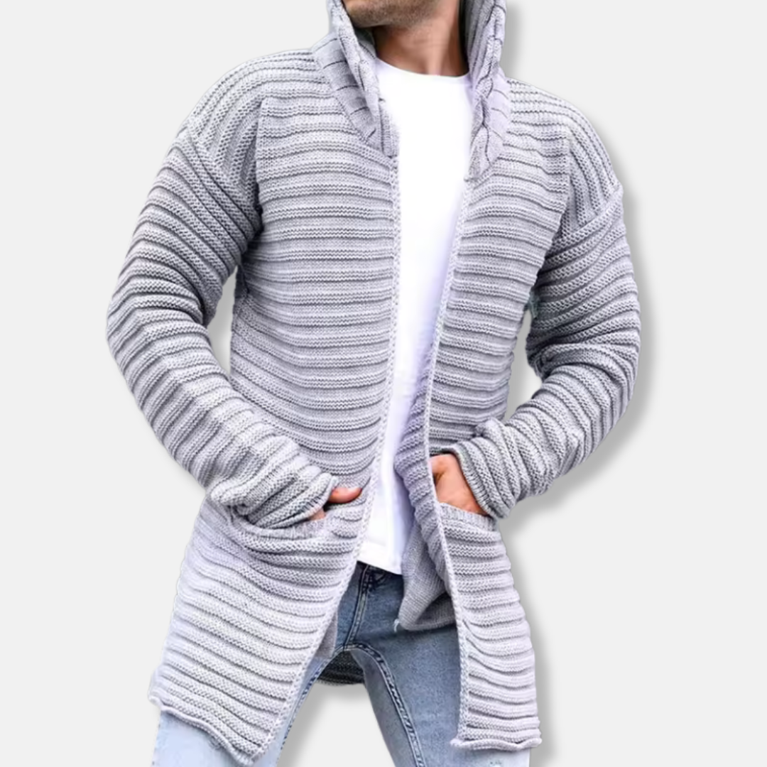 Herrkofta – Ullstickad med Ribbstruktur – Turtleneck – Lång Modell – Öppen Front