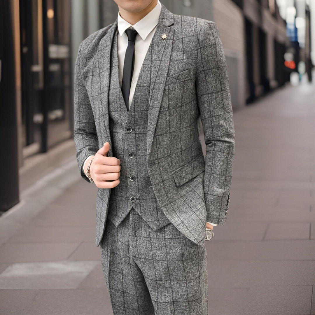 Herrkostym 3-delad – Slim Fit – Ullblandning – Rutmönster – Formell Stil