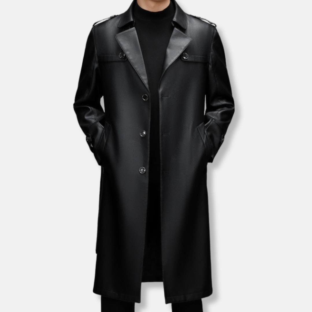 Herr Trenchcoat – Slim Fit – Läder – Enkelknäppt – Lång Modell – Klassiska Epåletter