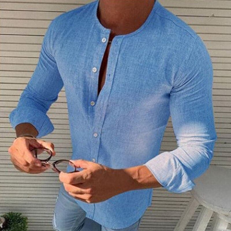 Herrskjorta - Slim Fit - Kraglös Design - Långärmad - Andningsbart Tyg