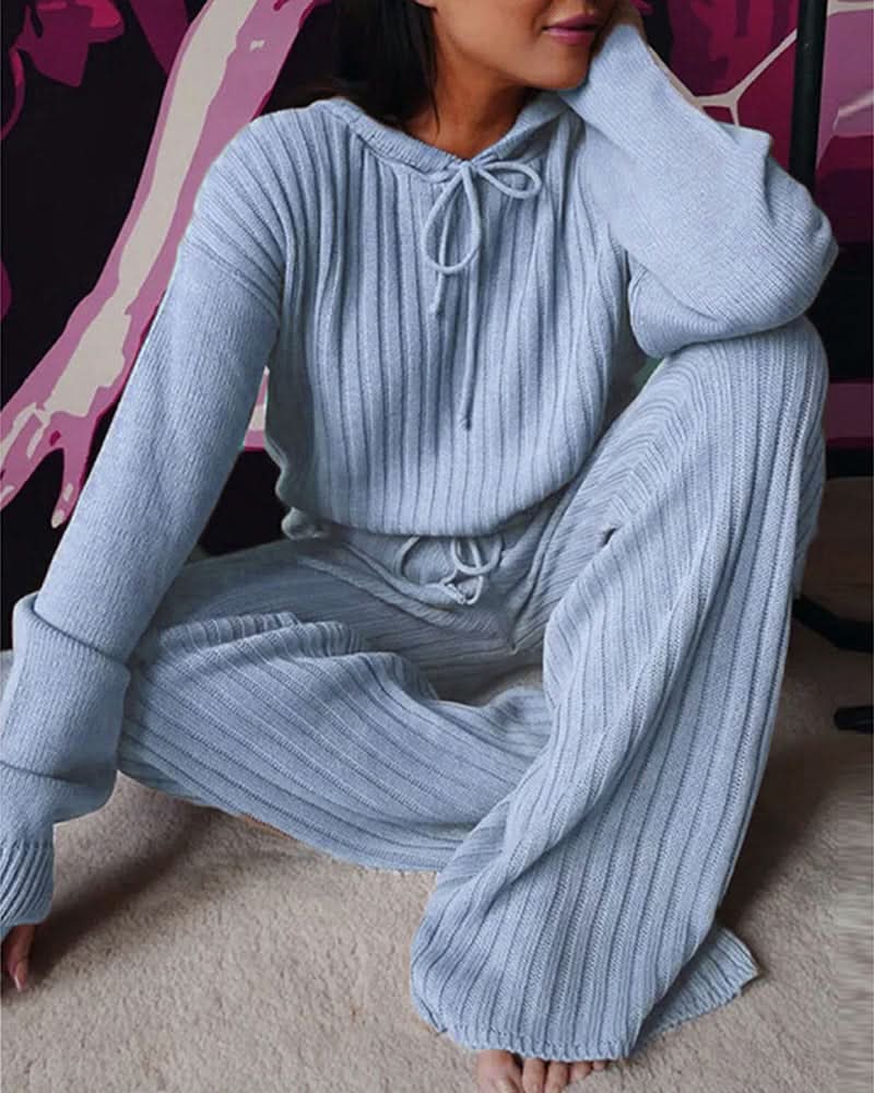 Dam Loungewear Set - Ribbstickad Stickad - Vida Byxor & Långärmad Tröja - Justerbar Passform