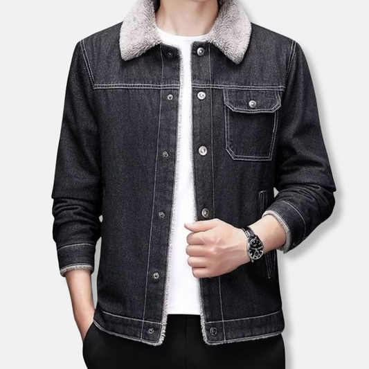 Herr Jeansjacka - Denim - Slim Fit - Punktkrage - Fleecefodrad