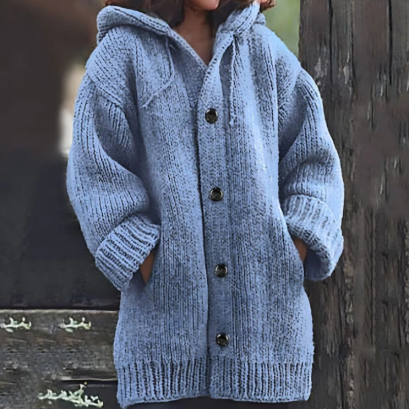 Damstickad kappa – Chunky stickad – Oversize passform – Huva och stora knappar