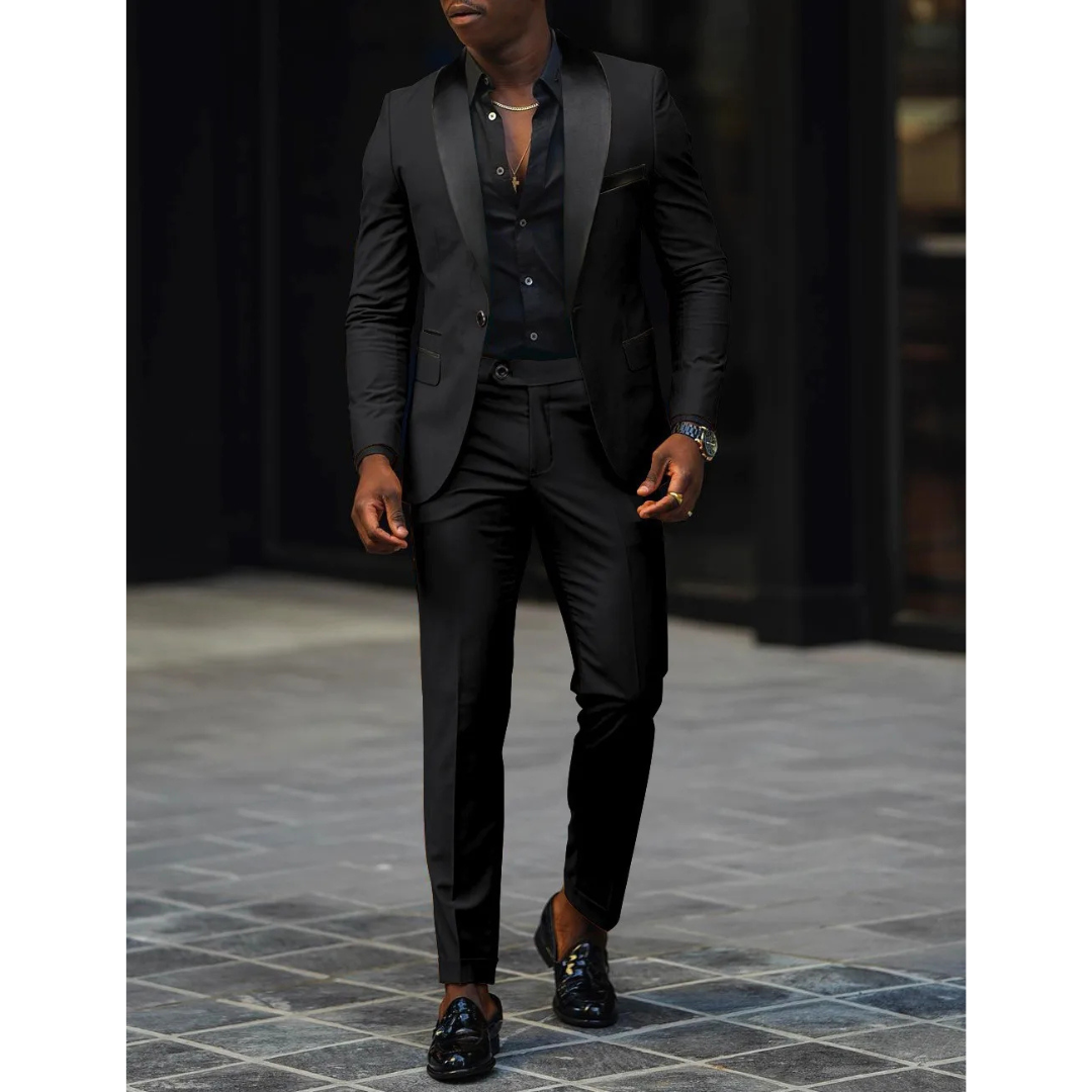 Herrkostym – Slim Fit – Satinkrage – Tvådelad Dress för Formella Tillfällen