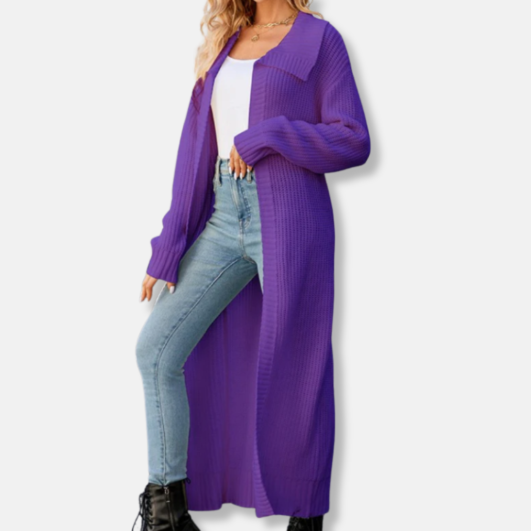 Dam Lång Cardigan – Stickad – Lös Passform – Öppen Front – Bred Krage – Ribbmuddar