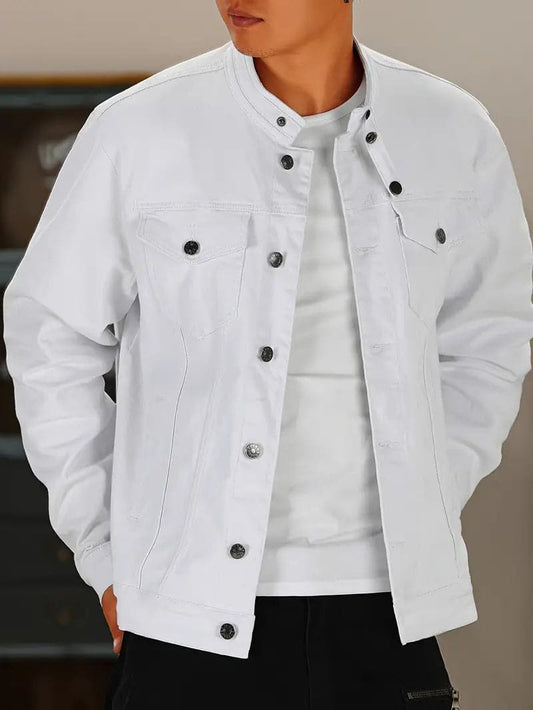 Herr Jeansjacka - Mandarin Krage - Knappstängning - Bröstfickor - Stilren Design