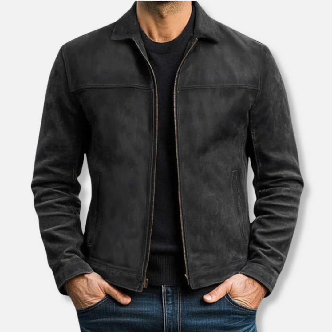 Herrjacka i Läder – Regular Fit – Pointed Krage – Dragkedja – Höftlängd