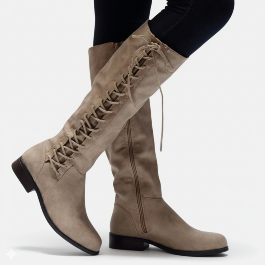 Damstövlar Knähöga – Strukturformad Passform – Snörning – Dragkedja – Låg Klack