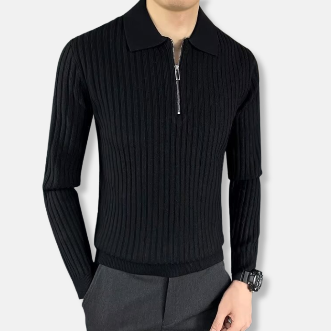 Herrtröja – Slim Fit – Ribbad Struktur – Polokrage – Dragkedja – Lång ärm