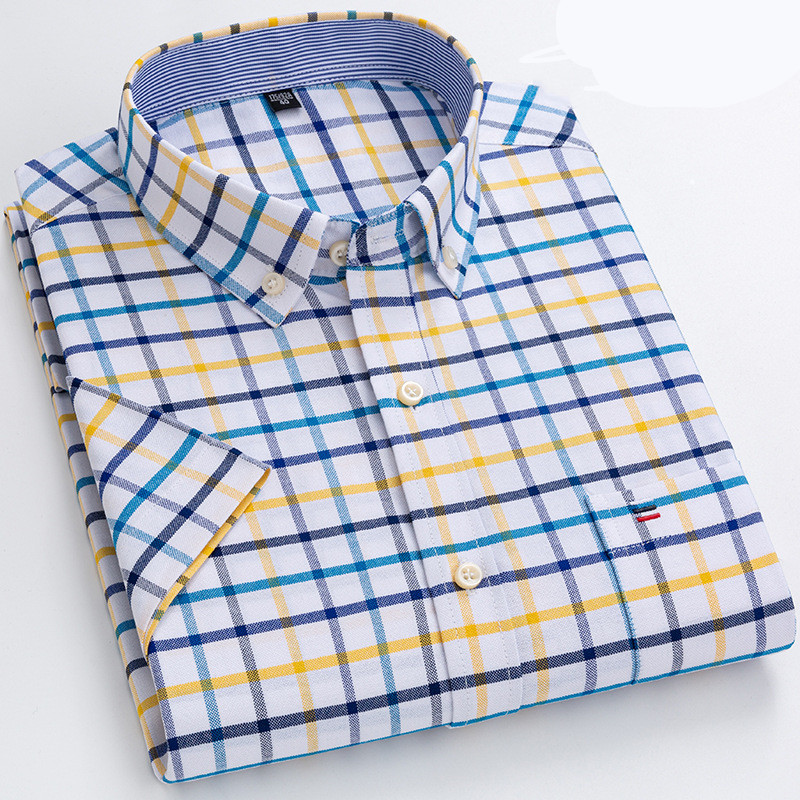 Herr Skjorta - Klassisk Rutig Design - Bomull - Button-Down Krage - Kortärmad