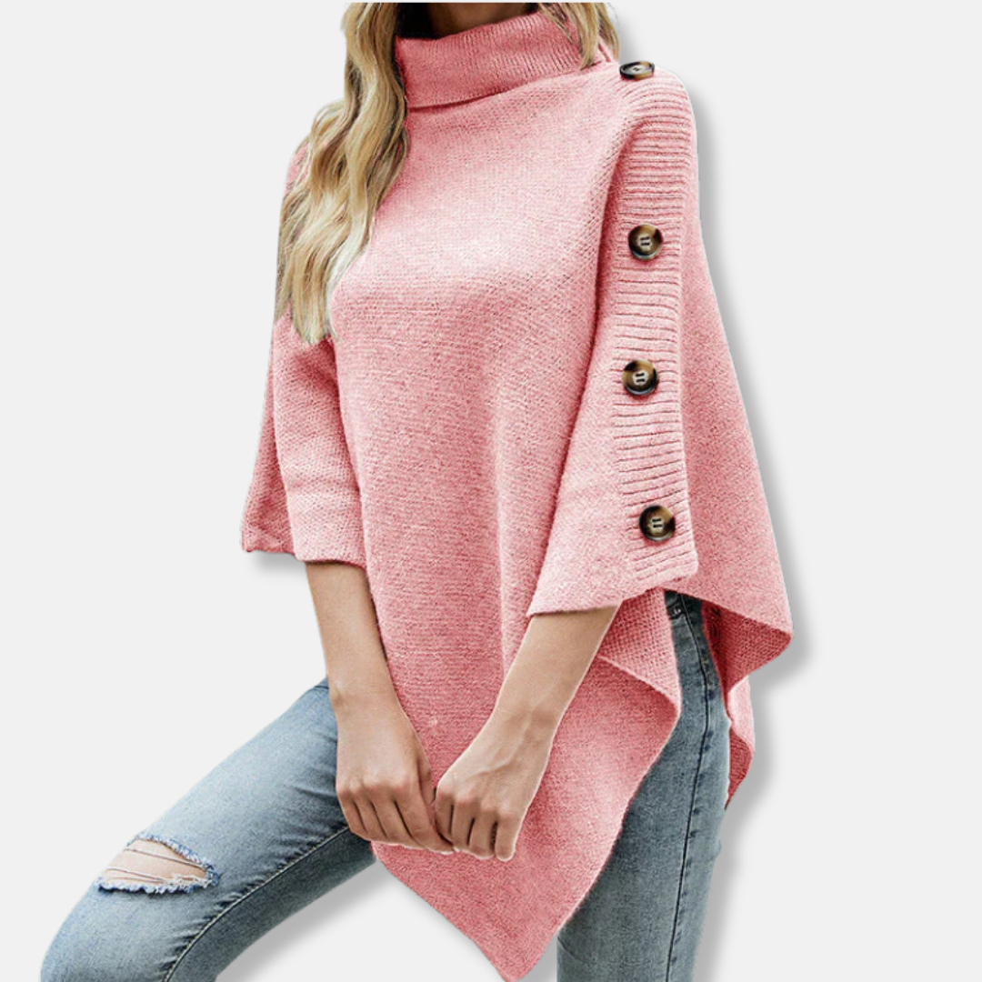 Dam Poncho – Stickad – Oversize Passform – Hög Ribbad Krage – Asymmetrisk Kant