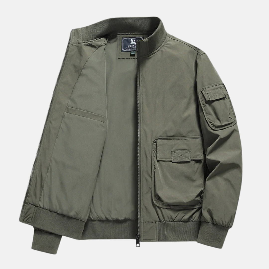 Herr Bomberjacka – Avslappnad Passform – Ribbad Krage och Muddar – Flera Fickor