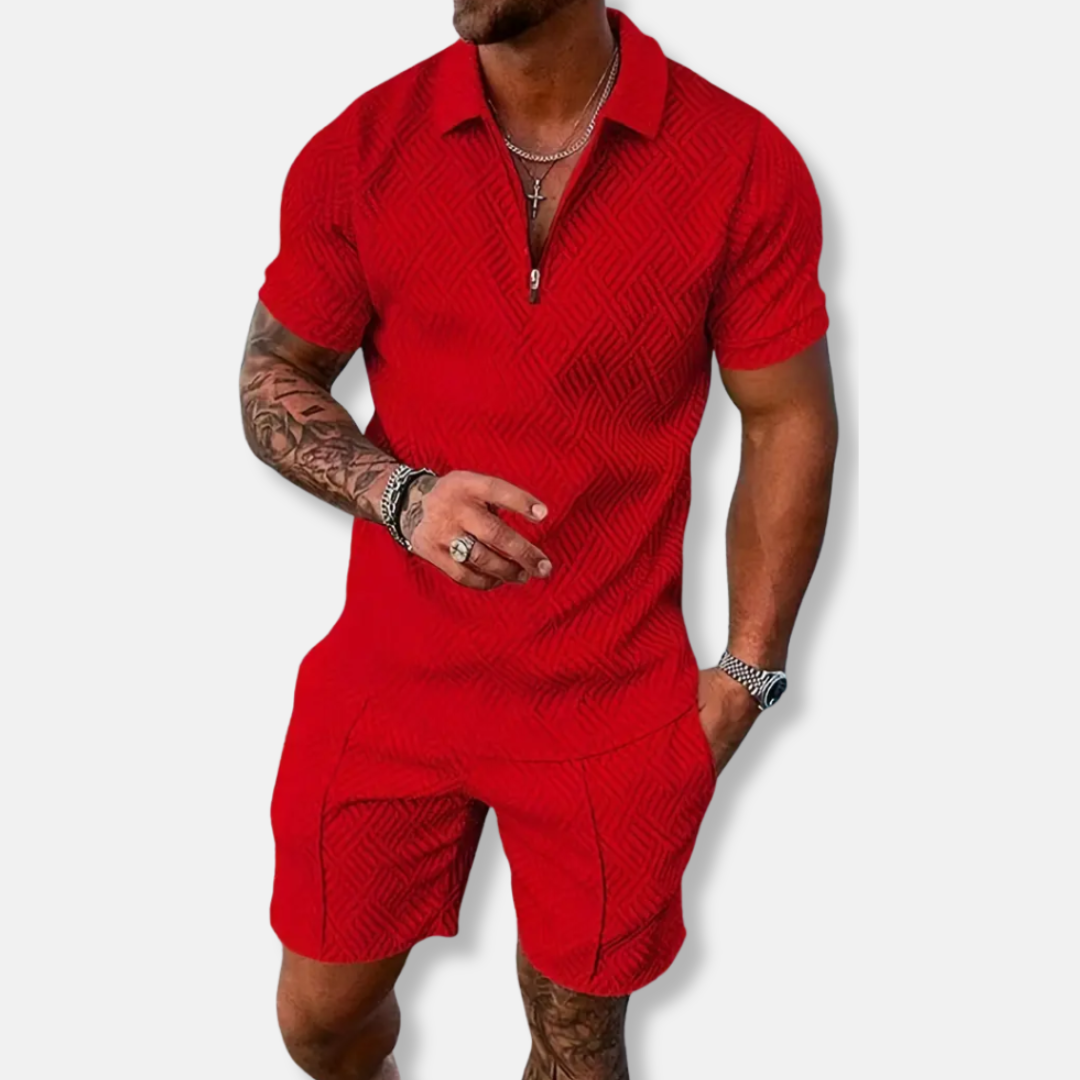 Herrset med Pikétröja och Shorts – Slim Fit – Andningsbar Struktur – Dragkedja