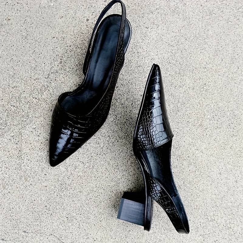Dam Slingback-klackar – Krokopräglad Yta – Spetsig Tå – Mellanhög Blockklack – Elegant Passform