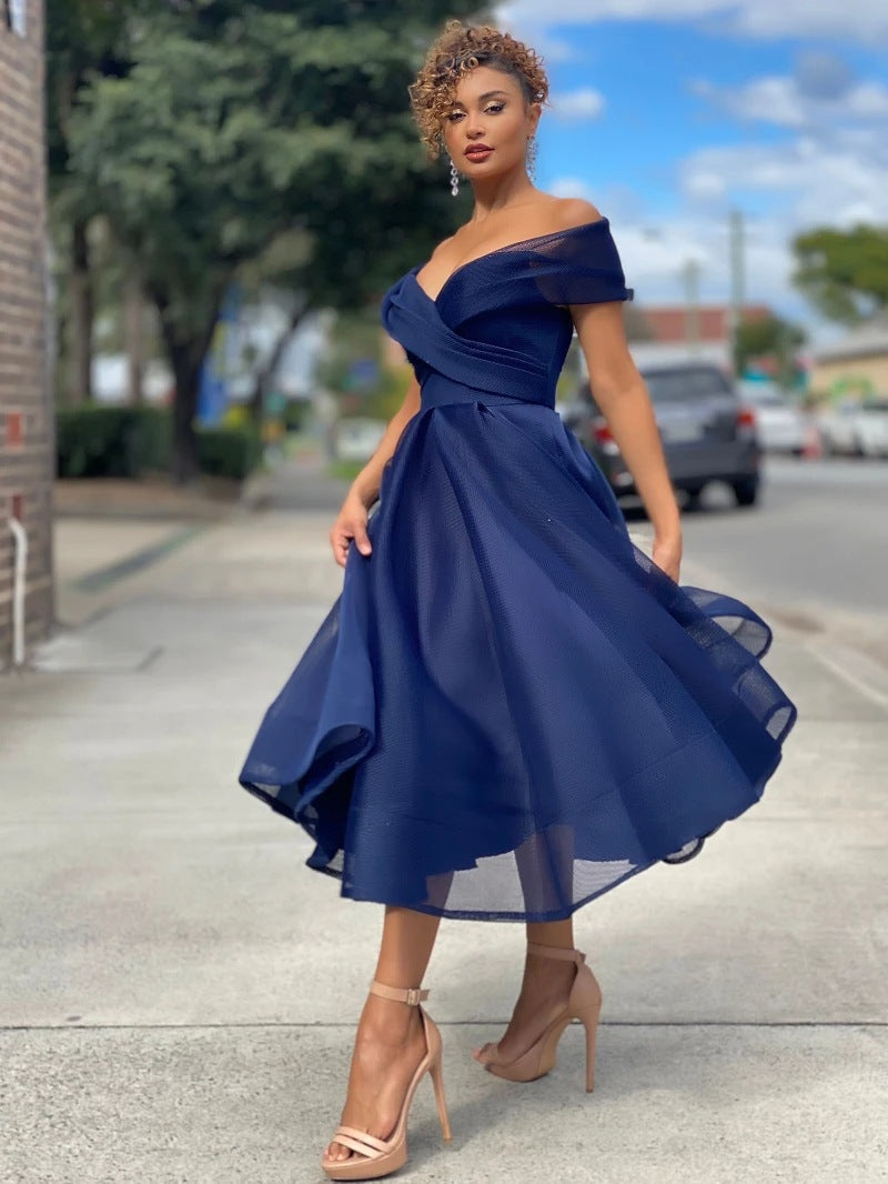 Dam Klänning - Off-Shoulder - Figursydd Liv - Vid Kjol - Tealängd Elegant Look
