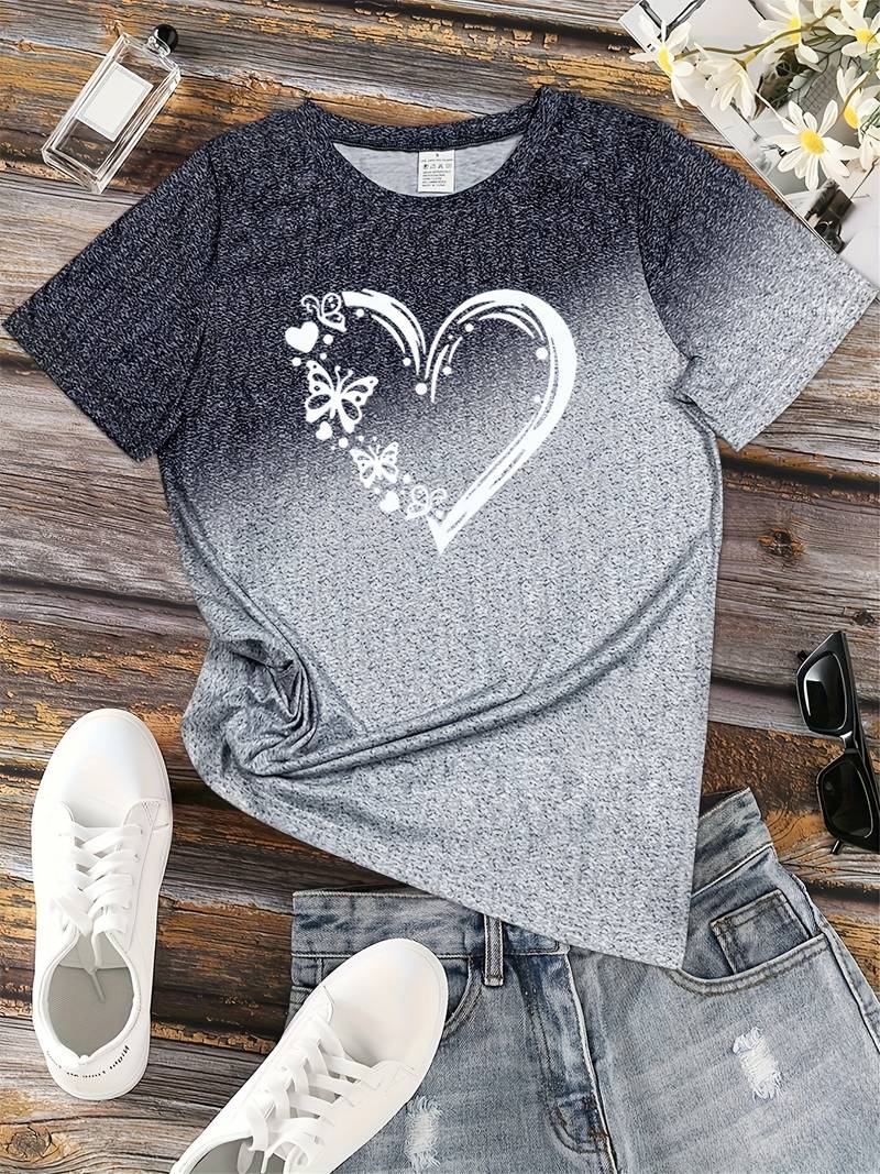 Dam T-shirt - Rundhals - Kortärmad - Fjäril & Hjärtmotiv - Bekväm Vardagströja