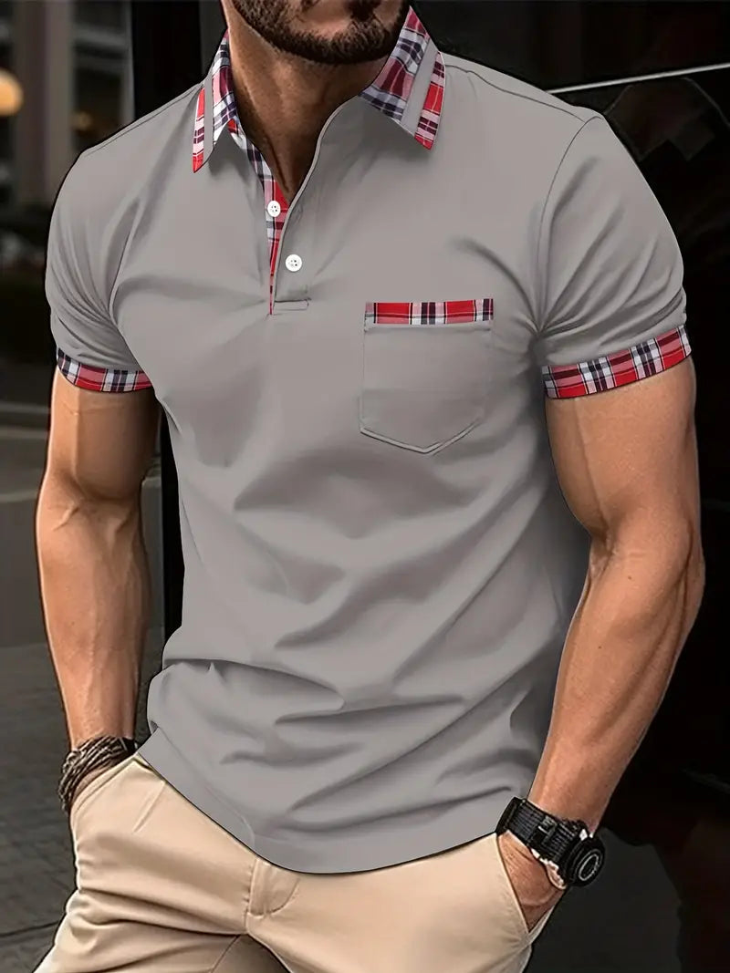 Herr Pikétröja - Kort Ärm - Slim Fit - Rutiga Detaljer - Andningsbar Casualstil