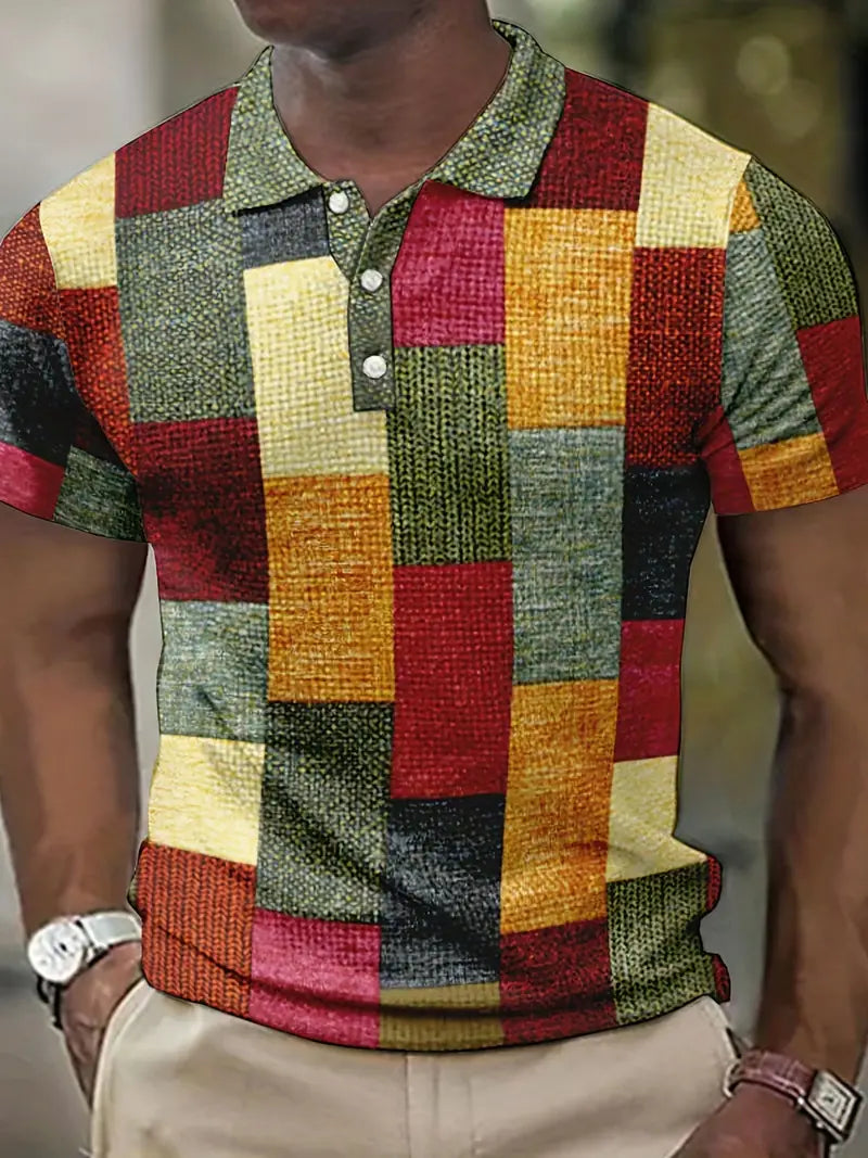 Herr Pikétröja - Patchworkdesign - Vävd Textur - Knappslå - Slim Fit