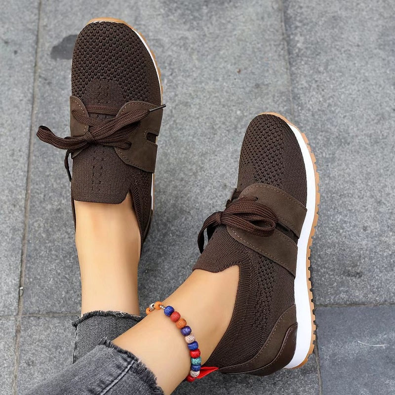 Dam Sneakers – Stickat Tyg – Andas – Låg Modell – Snörning för Anpassad Passform