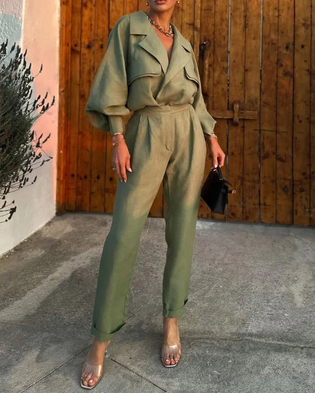 Damdress - Elegant Jumpsuit - Lös Passform - Långa ärmar - Avsmalnande Ben