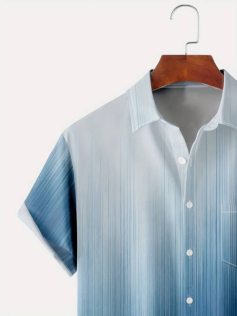 Herr Skjorta - Kortärmad Knäppning - Gradientdesign - Regular Fit - Andas Bomull
