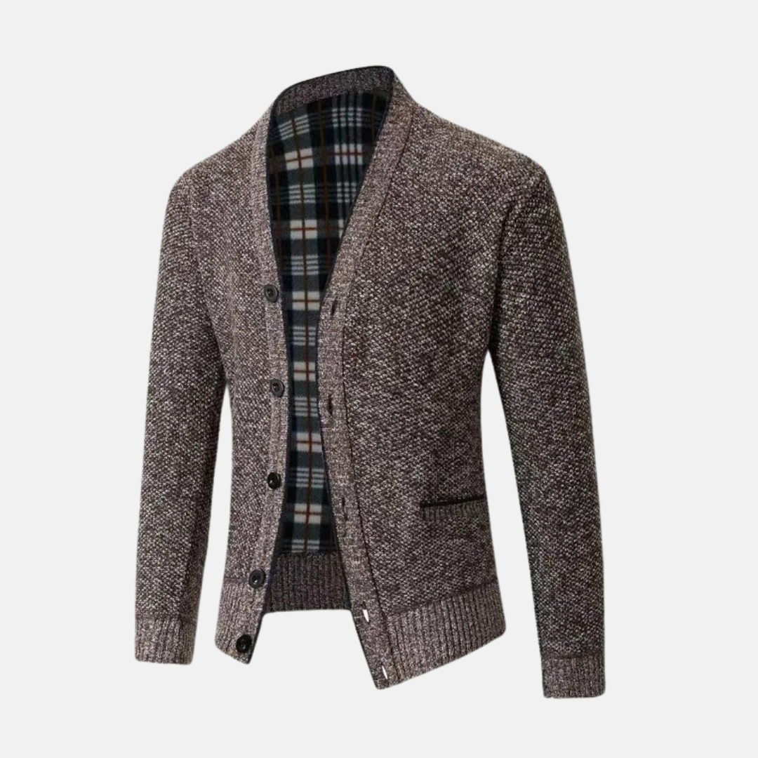 Herrkofta – Slim Fit – Stickad Ullblandning – V-ringning – Knäppning – Fickor