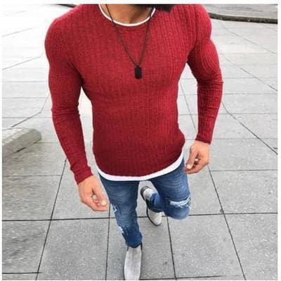 Herr Tröja - Slim Fit Ribbstickad - Långärmad Rund Hals - Modern och Bekväm