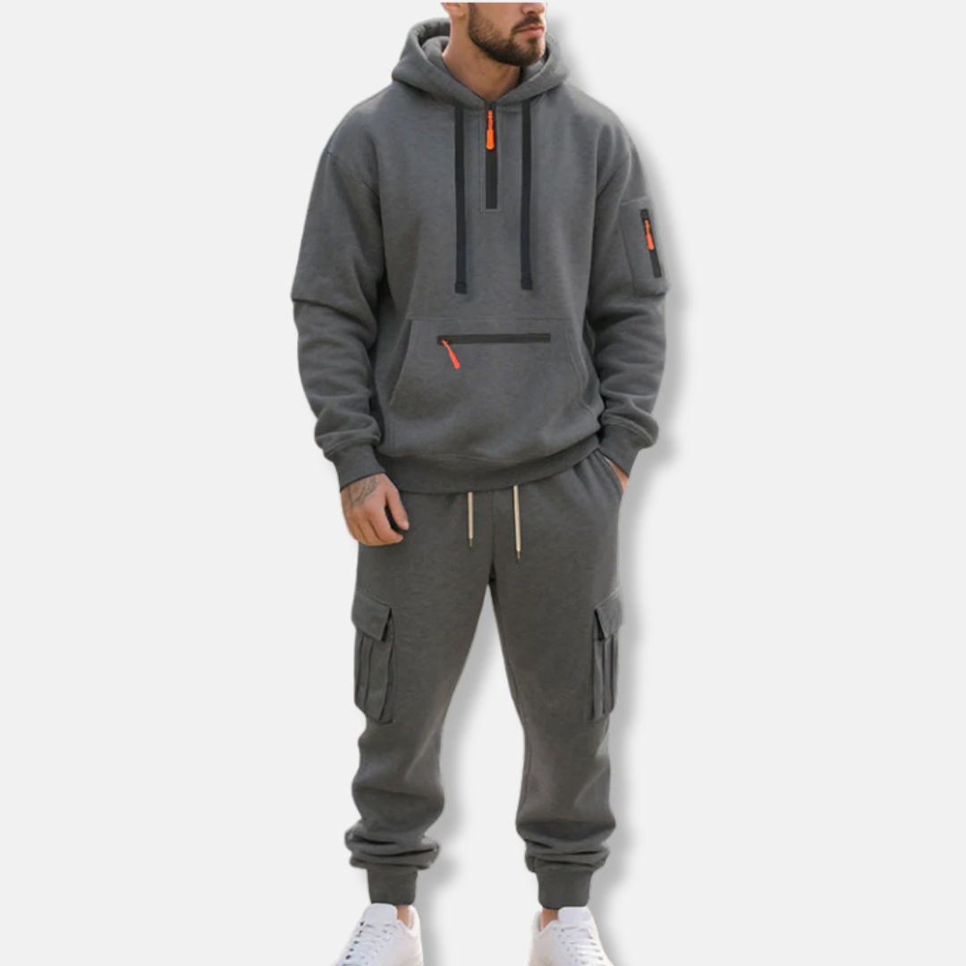 Herr Träningsset – Avslappnad Passform – Halvzip Hoodie – Cargojoggers med Dragsko