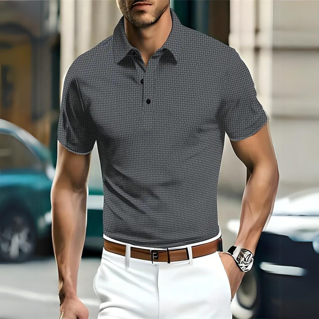 Herrpikétröja – Slim Fit – Mjukstickad – Kort ärm – Knappslå – Avslappnad stil