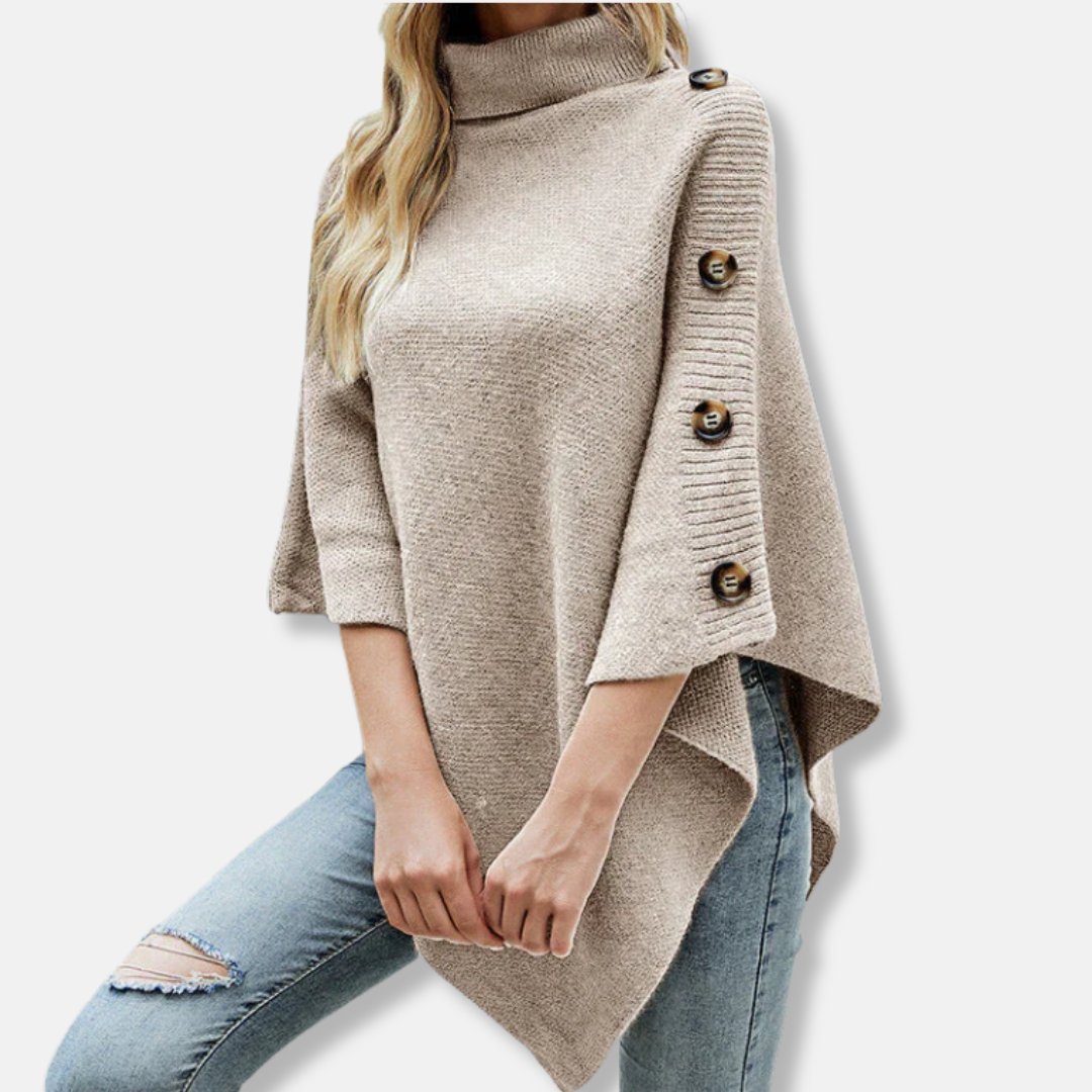 Dam Poncho – Stickad – Oversize Passform – Hög Ribbad Krage – Asymmetrisk Kant