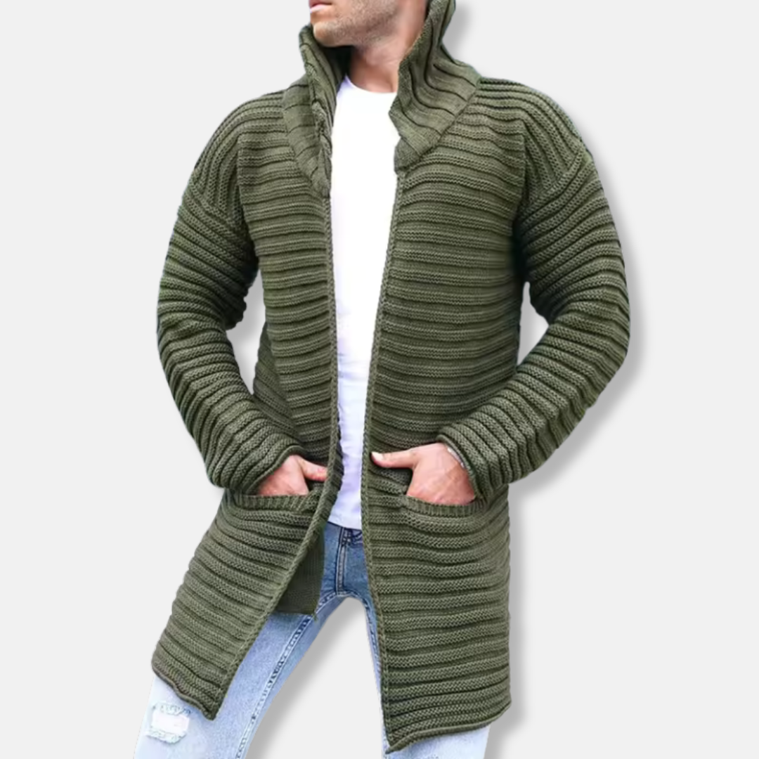 Herrkofta – Ullstickad med Ribbstruktur – Turtleneck – Lång Modell – Öppen Front