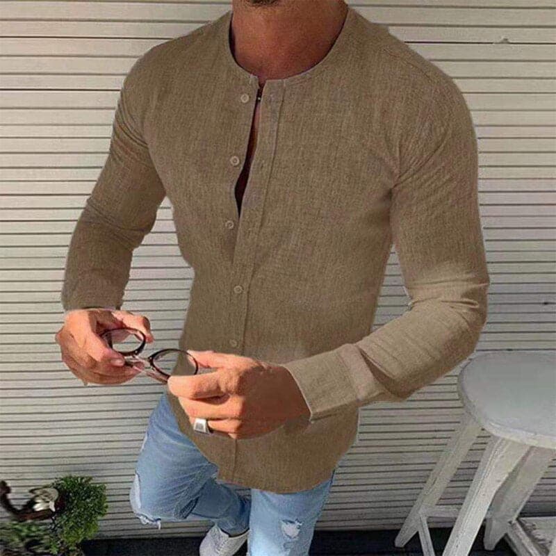 Herrskjorta - Slim Fit - Kraglös Design - Långärmad - Andningsbart Tyg