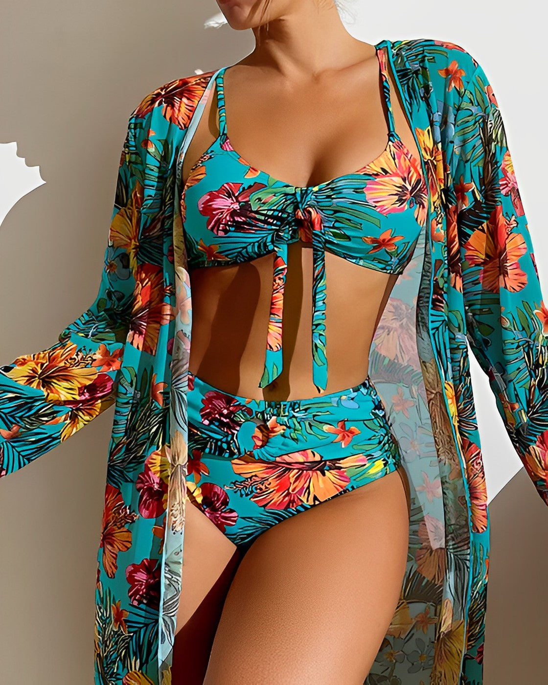 Dam Bikini Set – Hög Midja – Justerbar Topp – Lång Ärms Transparent Omlott