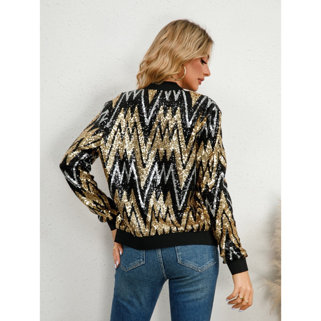 Dam Bomber Jacka – Paljetterad Design – Zigzag Mönster – Avslappnad Passform – Dragkedja
