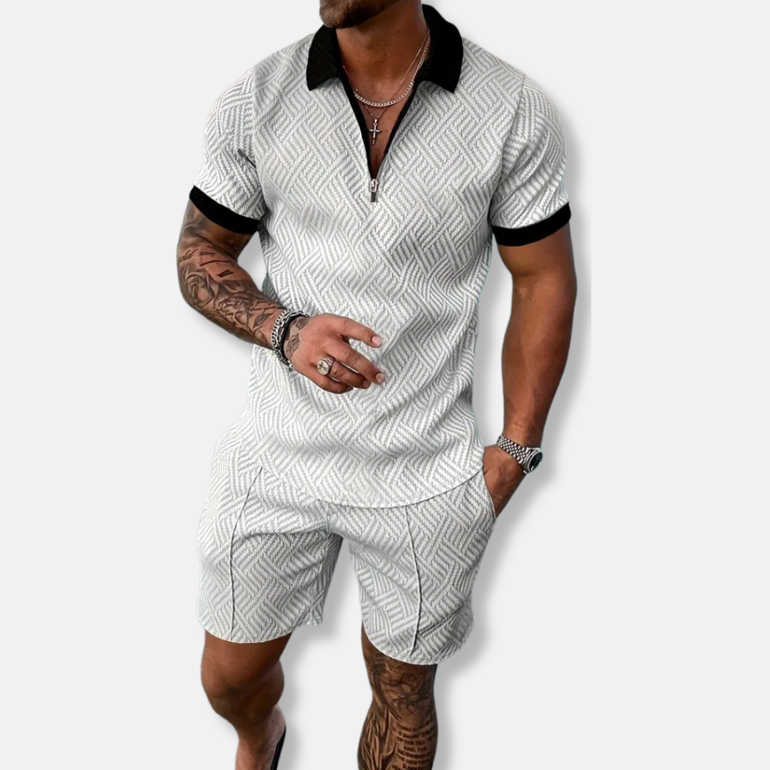 Herrset med Pikétröja och Shorts – Slim Fit – Andningsbar Struktur – Dragkedja