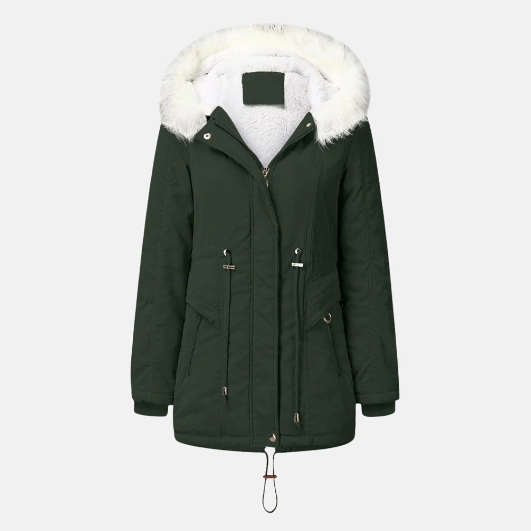 Damjacka – Mellanlång – Vadderad – Fleecefodrad – Dragsko i Midjan – Fuskpälsluva