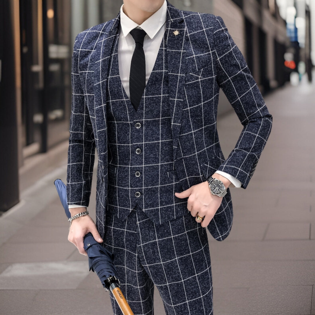Herrkostym 3-delad – Slim Fit – Ullblandning – Rutmönster – Formell Stil