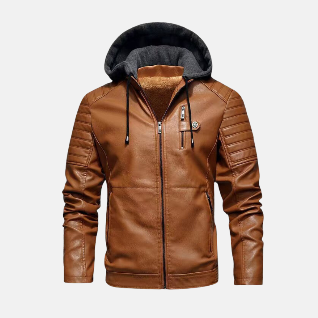 Herrjacka i Konstläder – Slim Fit – Huva – Quiltade Axlar – Dragkedjeförslutning