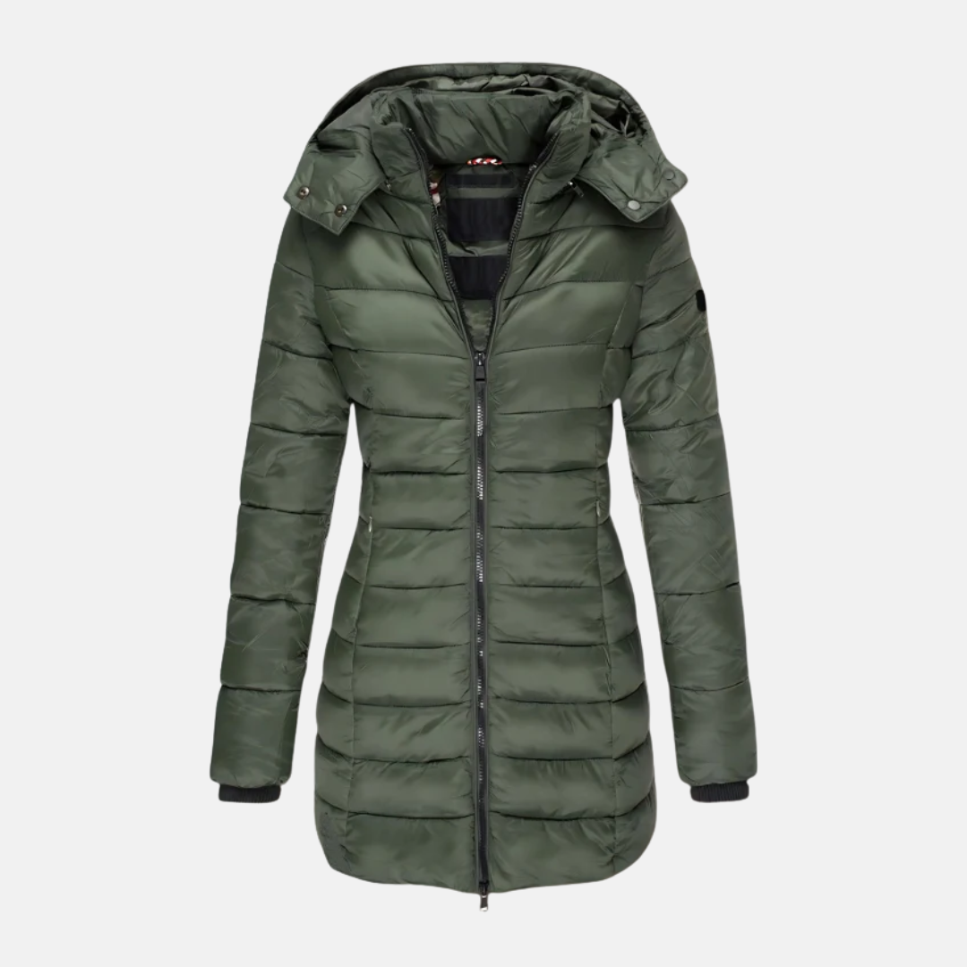 Dam Pufferjacka – Slim Fit – Quiltad – Mellanlång – Huva – Muddade Ärmslut