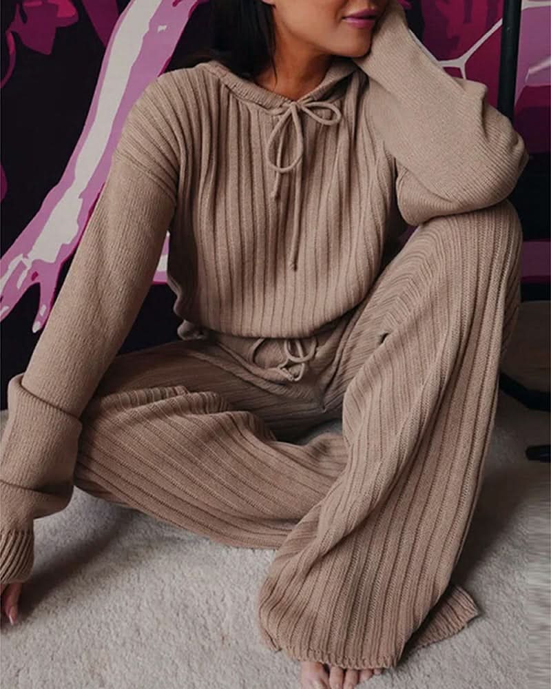 Dam Loungewear Set - Ribbstickad Stickad - Vida Byxor & Långärmad Tröja - Justerbar Passform